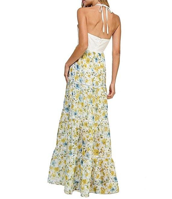 Layered With Love Floripa Jacquard Floral Print Halter Neck Sleeveless Cut Out A-Line Maxi Dress Product Image