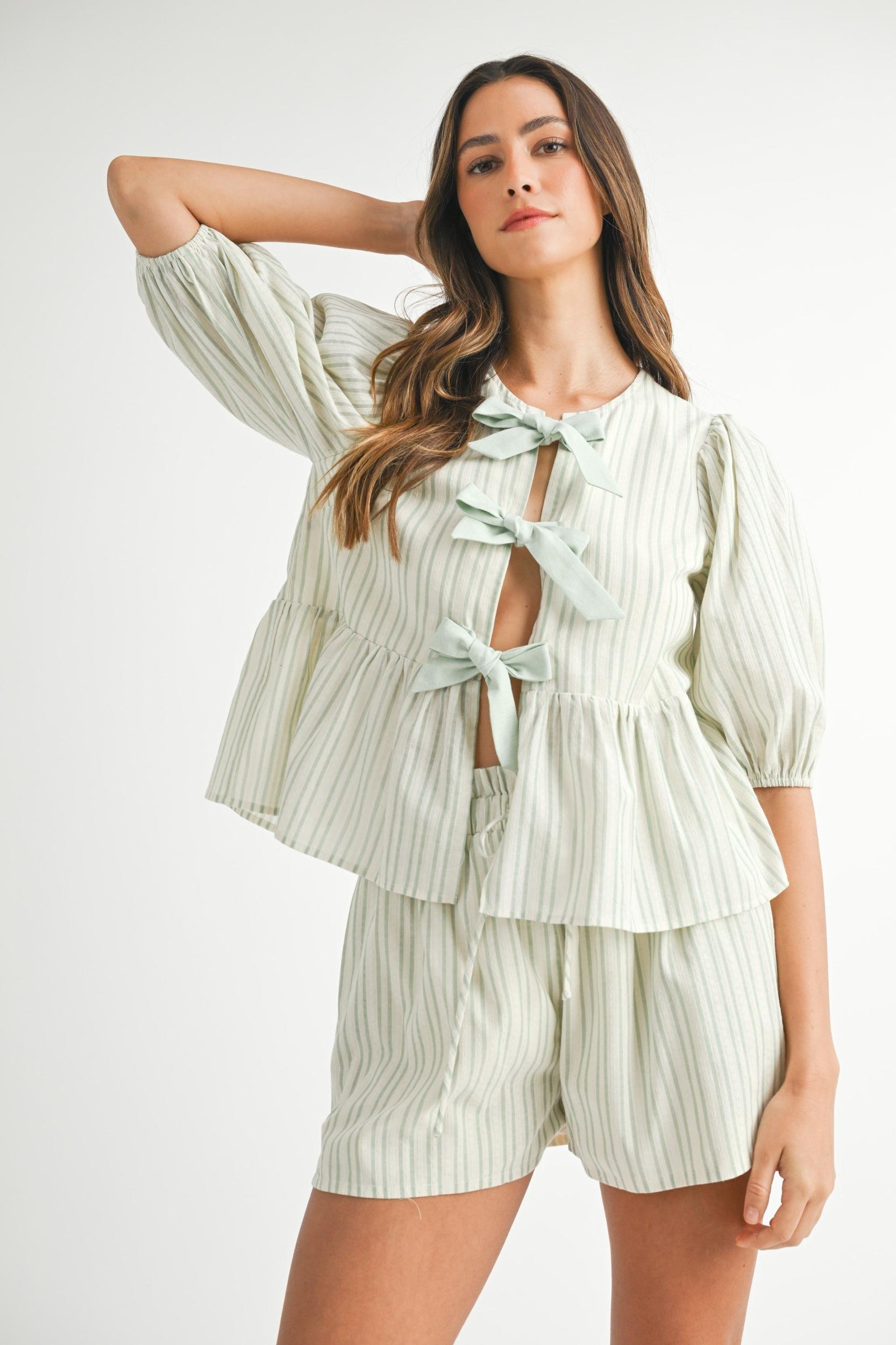 Bow Tie Front Puff Sleeve Peplum Top & Shorts Set Product Image