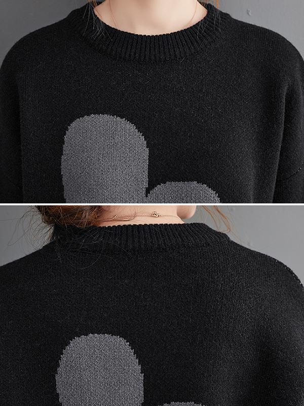 Casual Loose Long Sleeves Contrast Color Jacquard Round-Neck Sweater Tops Product Image