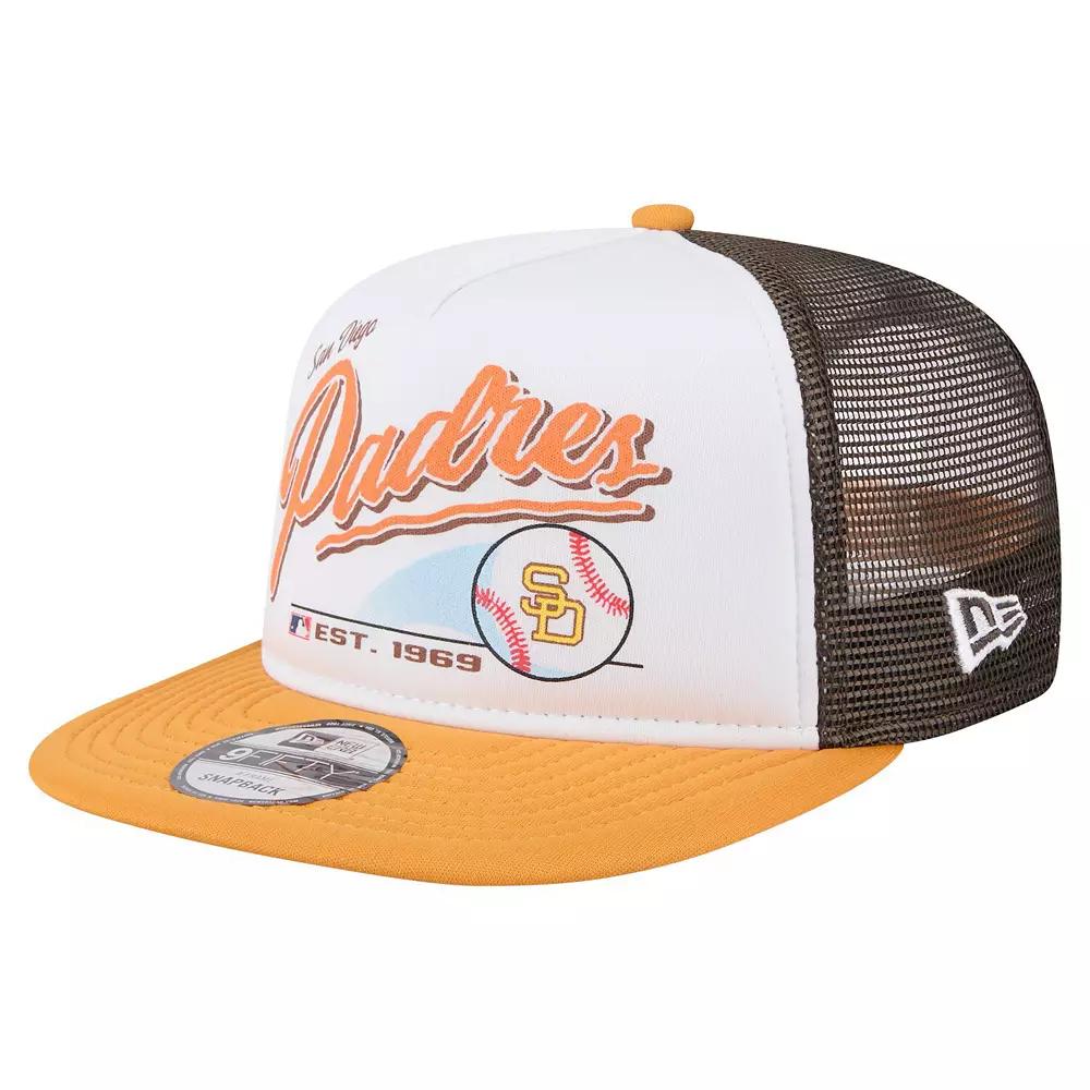 Men's New Era White/Gold San Diego Padres Retro Script Trucker 9FIFTY Snapback Hat Product Image