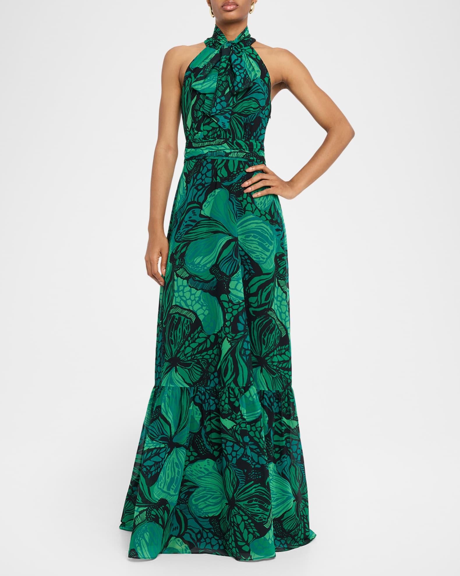 Floral-Print Chiffon Halter Gown Product Image