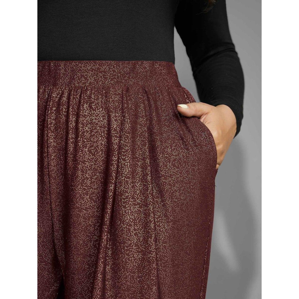 Plus Size Sequin Knit Elastic Waist Holiday Pants Women Burgundy Formal Mid Rise Party Pants BloomChic 12/L Product Image