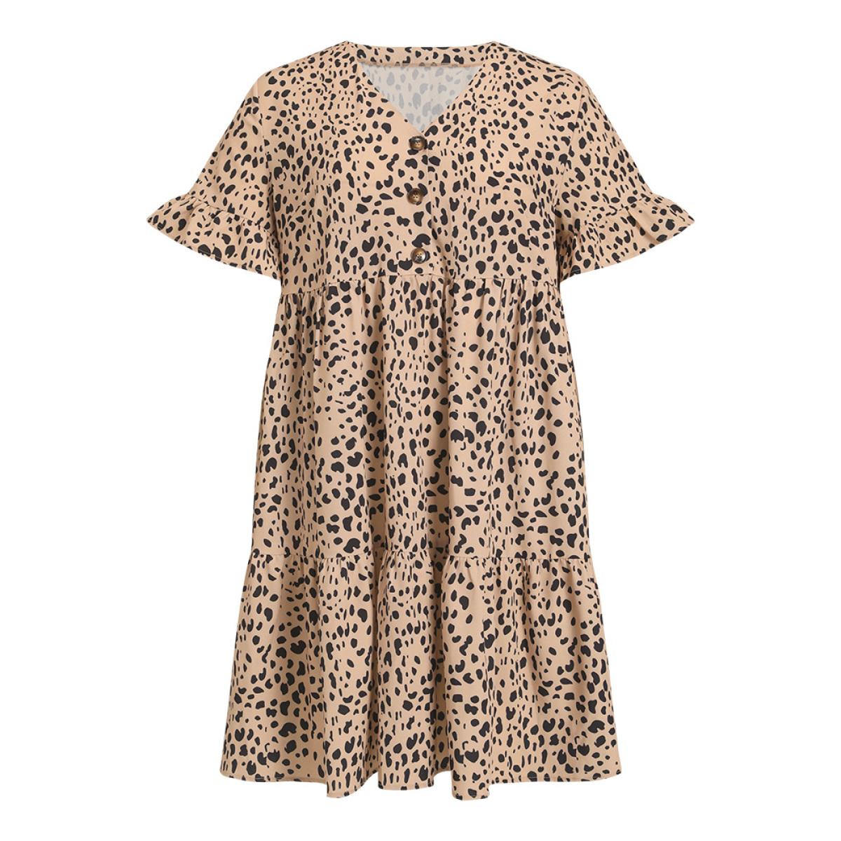 Plus Size Leopard Print Bell Sleeve Button Up Ruffle Layered Hem Dress Leopard Women Elegant Button V-neck Half Sleeve Curvy Knee Dress BloomChic 22-24/3X Product Image