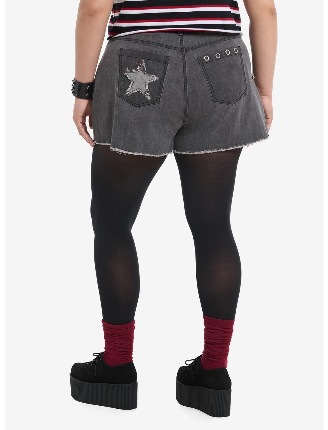 Grey Frayed Star Patch Denim Shorts Plus Size Product Image
