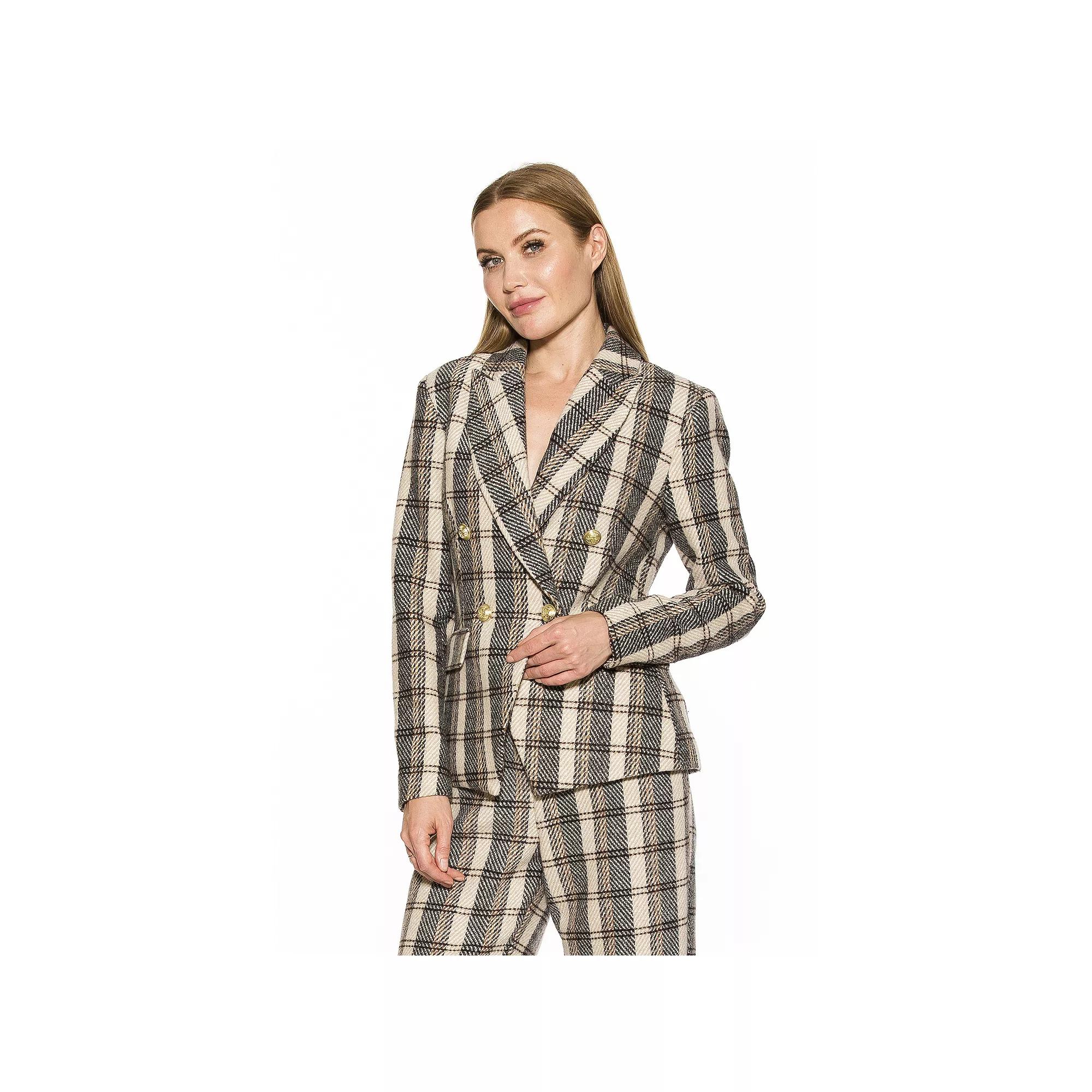 Women's ALEXIA ADMOR Classic Double-Breasted Tweed Blazer, Size: 14, Brown Plaid Product Image