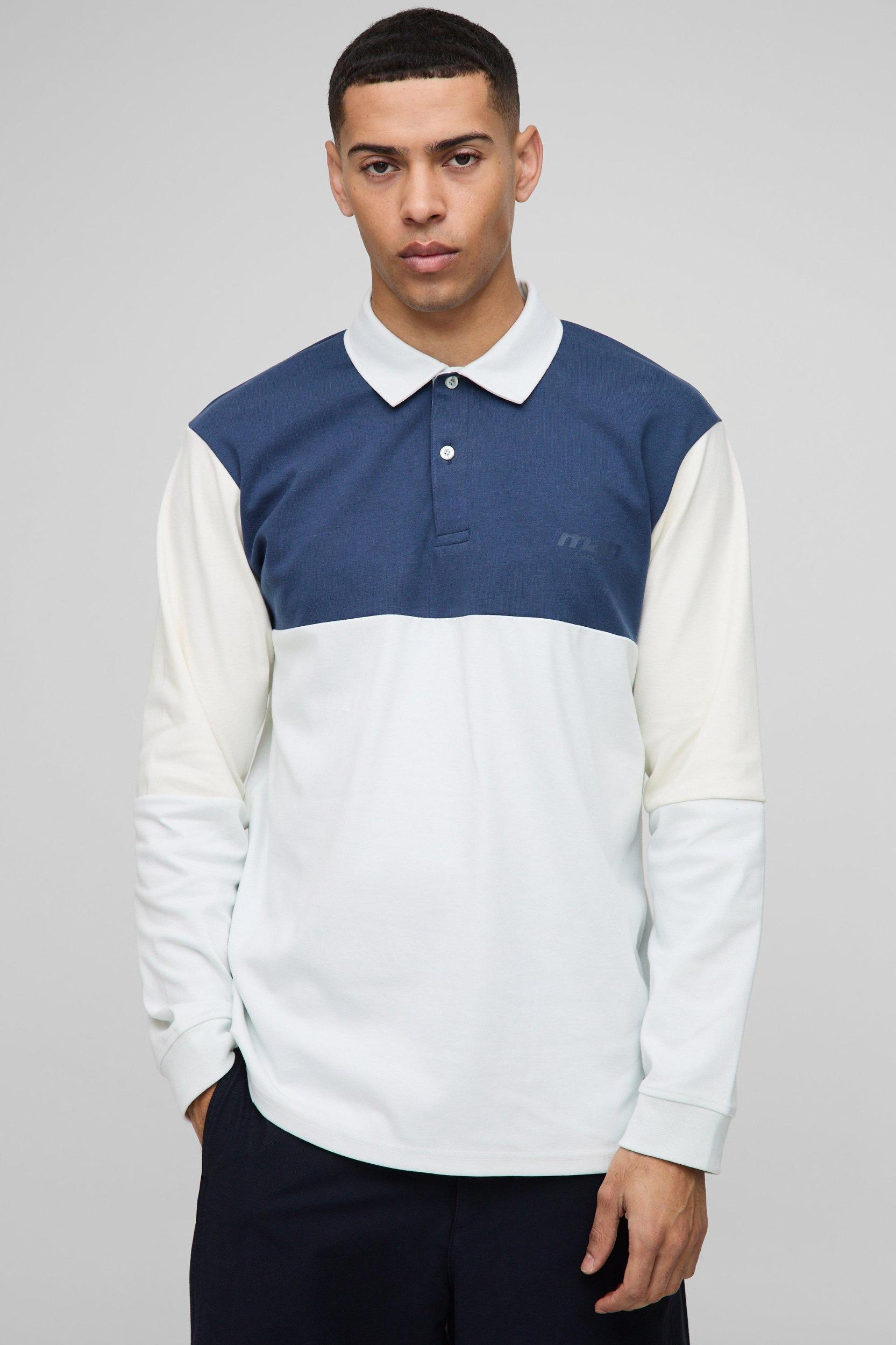 Regular Fit Man Colour Block Interlock Rugby Polo | boohooMAN USA Product Image