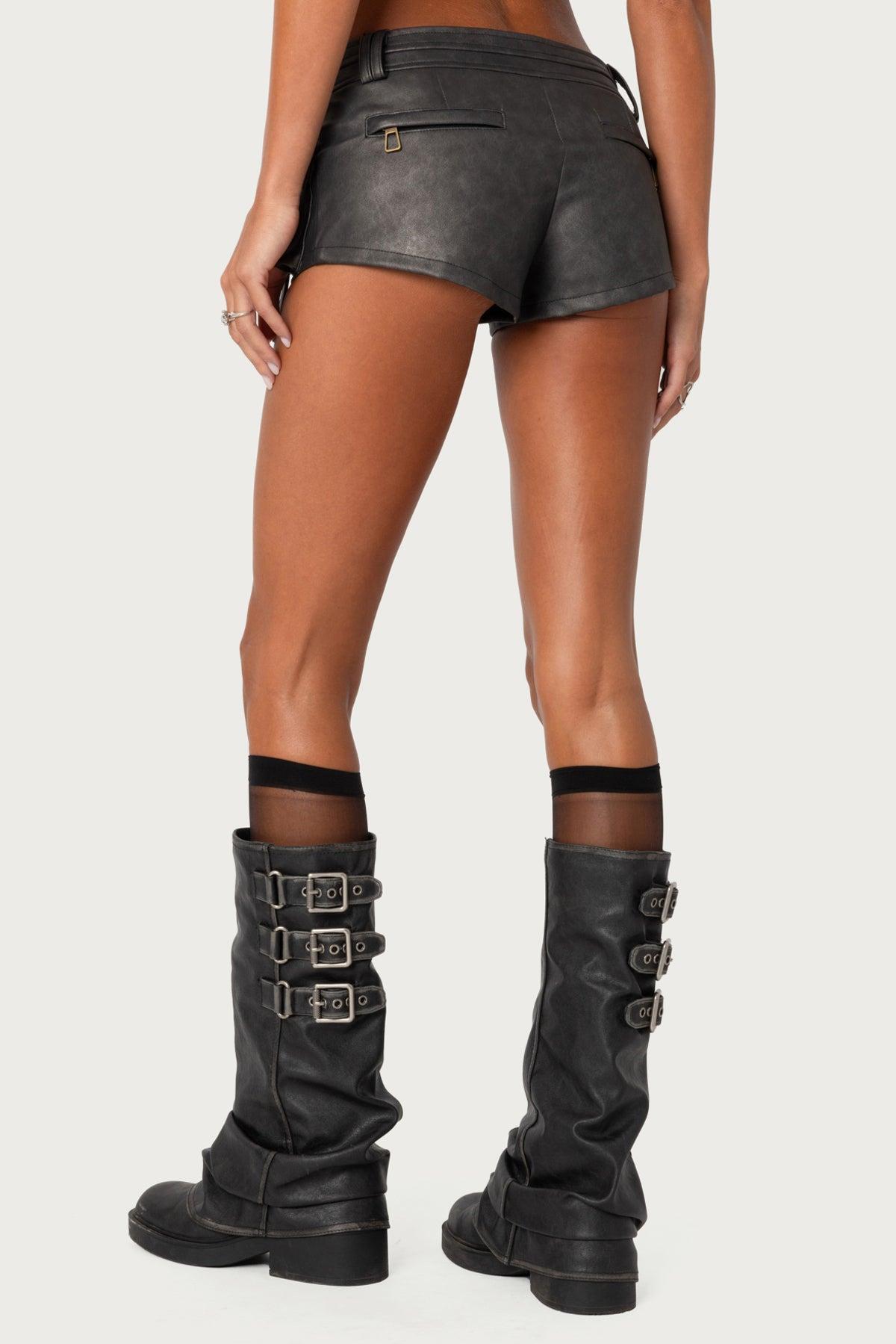 Washed Faux Leather Micro Cargo Shorts Product Image