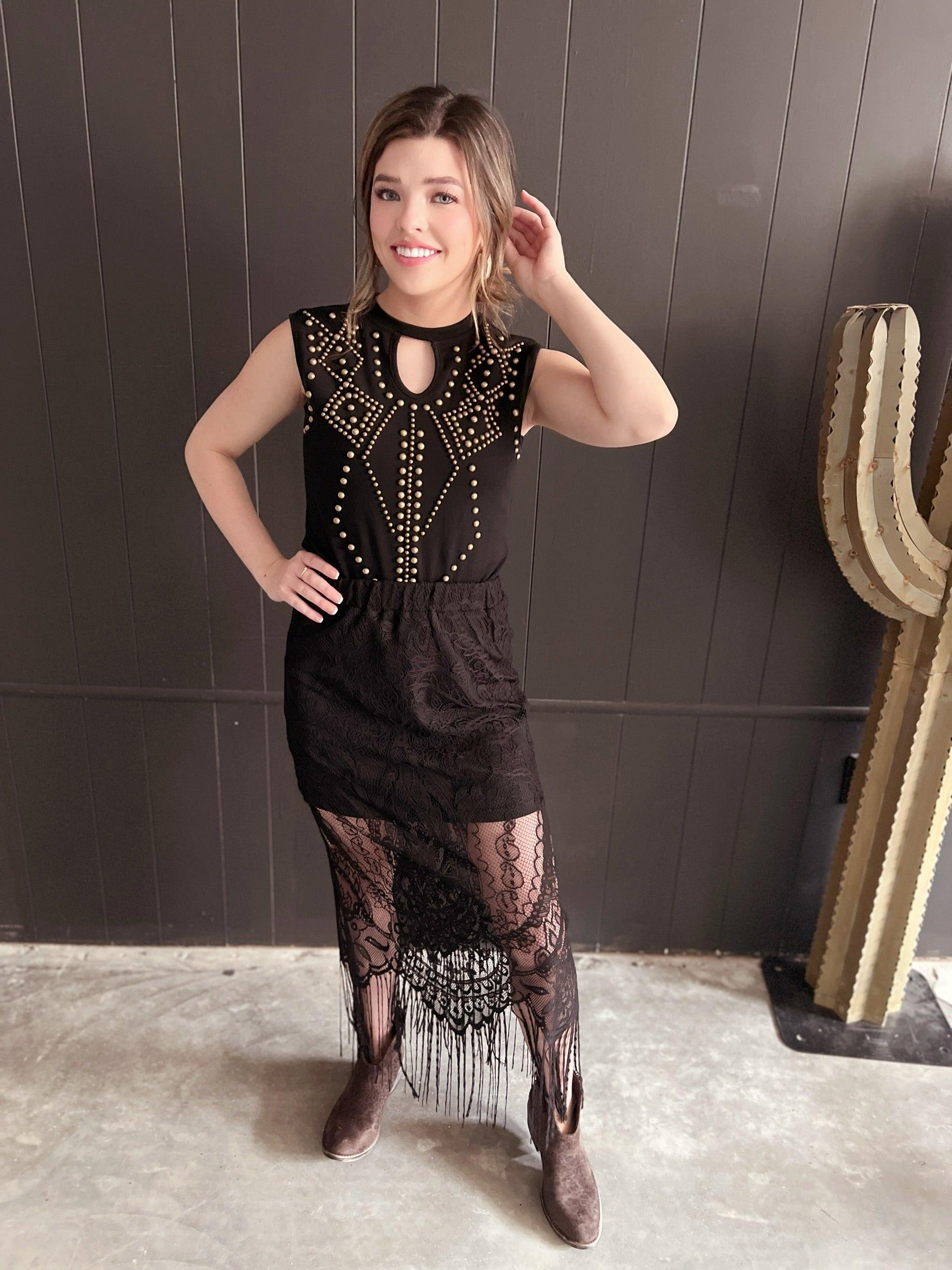 L&B Black Lace Lined Long Skirt With Frayed Hem Product Image