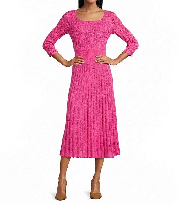 Ming Wang Pointelle Tonal Knit Square Neck 3/4 Sleeve Fit-And-Flare Midi Dress Product Image