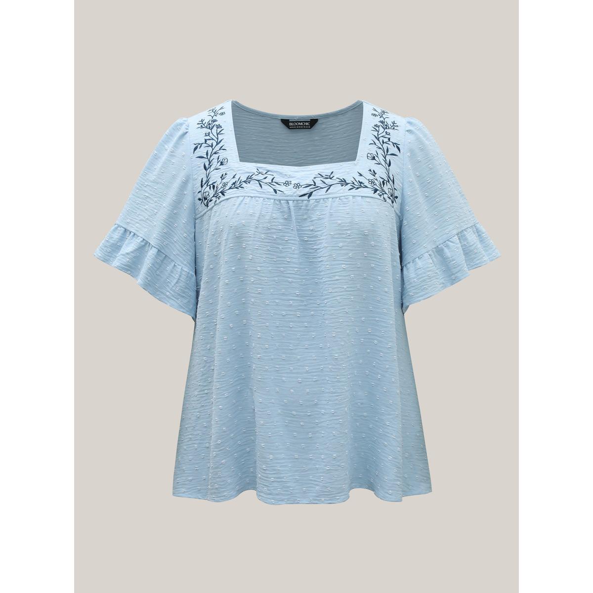 Plus Size LightBlue Textured Floral Embroidered Flared Sleeve Shirt Women Boho Short sleeve Square Neck Vacation Blouses BloomChic 18-20/2X Product Image