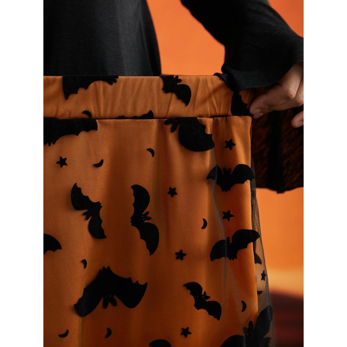 Plus Size Bat Motif A-Line Midi Skirt Women Brightorange Elegant Low stretch Everyday Skirts BloomChic 26/4X Product Image