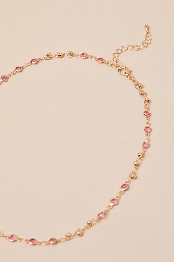 Rahela Gold and Pink Rhinestone Chain Link Necklace Product Image