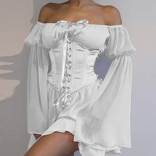 Set: Bell-Sleeve Off-Shoulder Mini Dress + Lace Up Corset Product Image