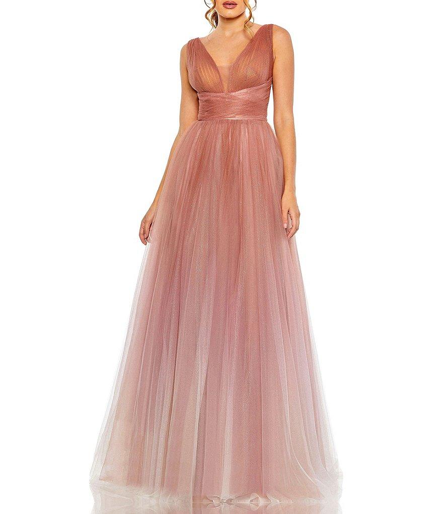 Mac Duggal V-Neck Shirred Bodice Giltter Ombre Ballgown Product Image
