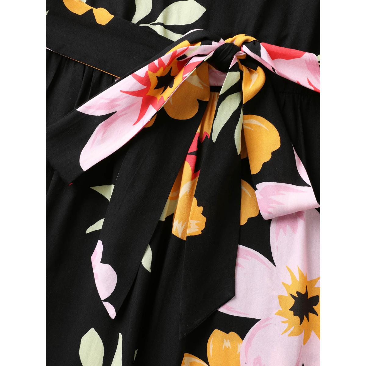 Plus Size Rayon Sunkissed Florals Belted Pockets Midi Dress Black Women Heart neckline Short sleeve Curvy BloomChic 12/L Product Image