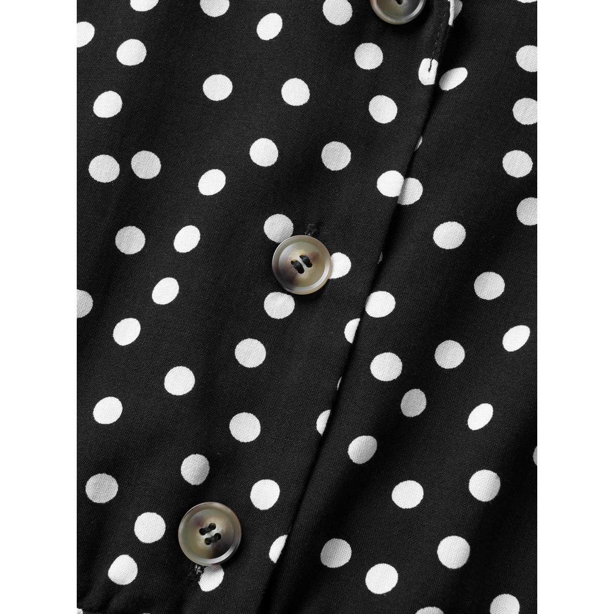 Plus Size Polka Dot Suit Collar Cuffed Sleeve Dress Black Women Workwear Essentials Belted Suit Collar Short sleeve Curvy BloomChic 14-16/1X Product Image