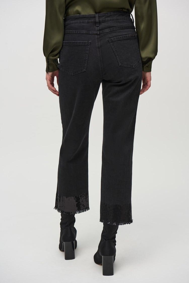Straight Crop Denim Pants with Sequin Trim- Black Product Image