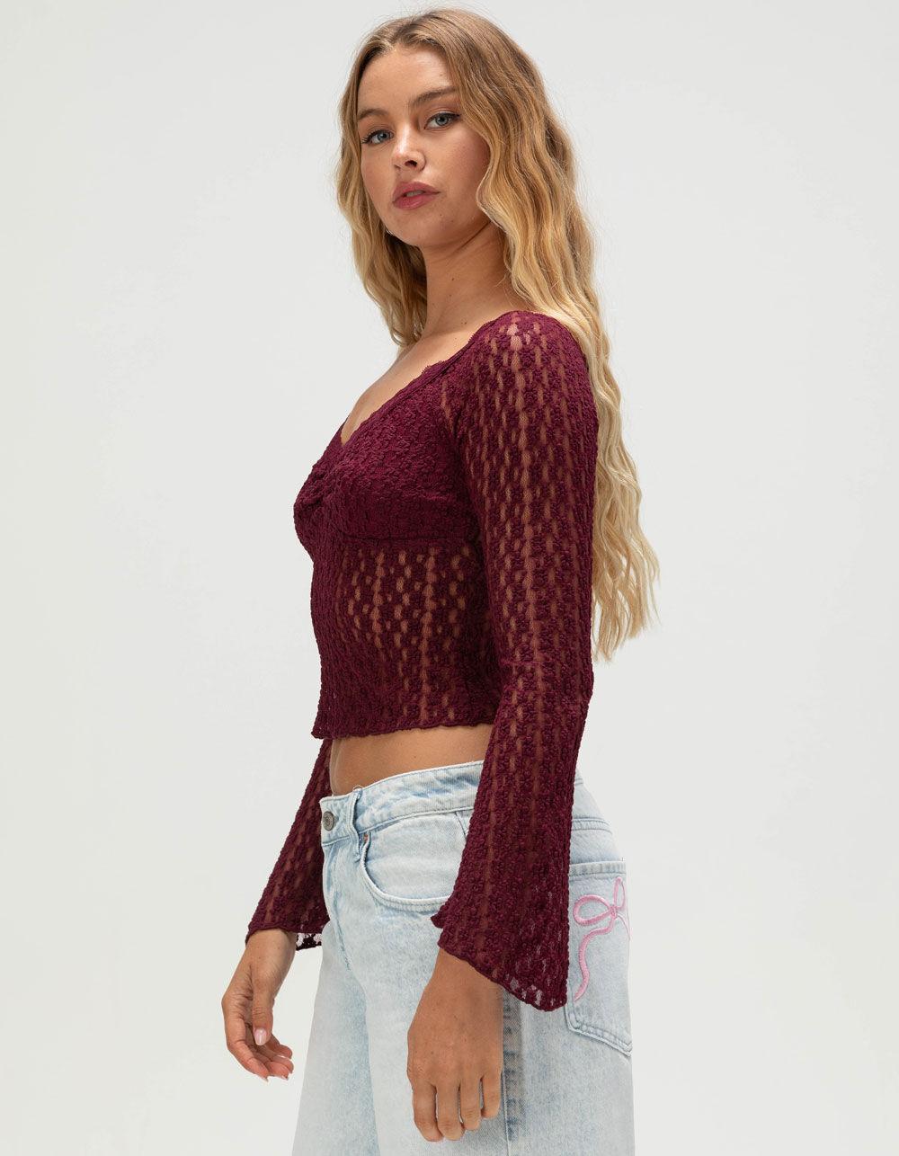 FULL TILT Womens Off The Shoulder Lace Top - BURGUNDY Product Image