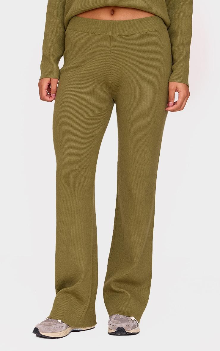 Khaki Light Rib Knit Wide Leg Pants Product Image