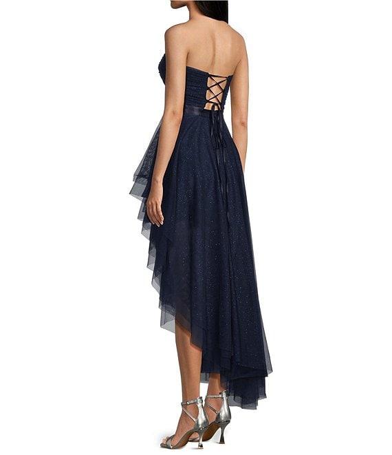 Pear Culture Strapless Lace-Up Back Asymmetrical Mesh Dress Product Image