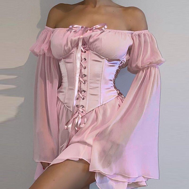 Set: Bell-Sleeve Off-Shoulder Mini Dress + Lace Up Corset Product Image