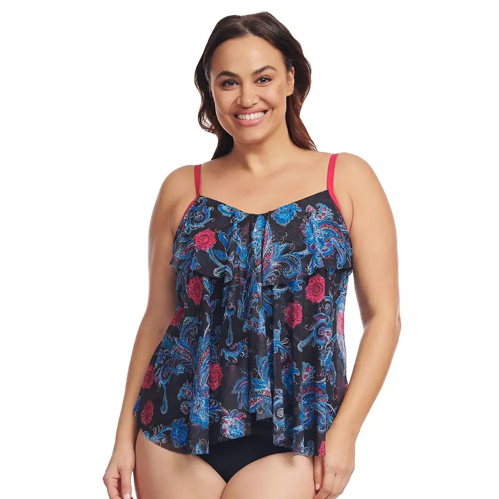 Plus Size Mazu Sea Breeze Paisley Draped Tier Mesh Tankini Swim Top, Women's, Size: 24 W, Black Linework Product Image
