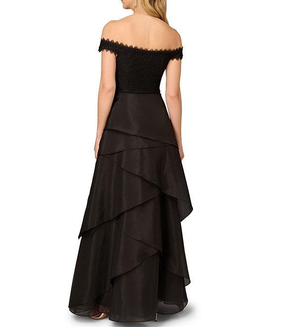 Aidan Mattox Lace Organza Off The Shoulder Cap Sleeve Tiered Gown Product Image