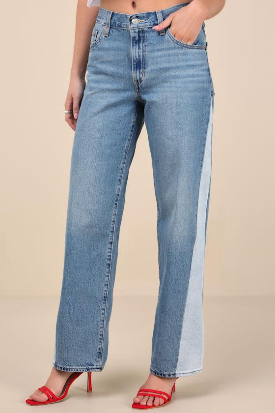 Baggy Dad Pieced Medium Wash Wide-Leg Jeans Product Image