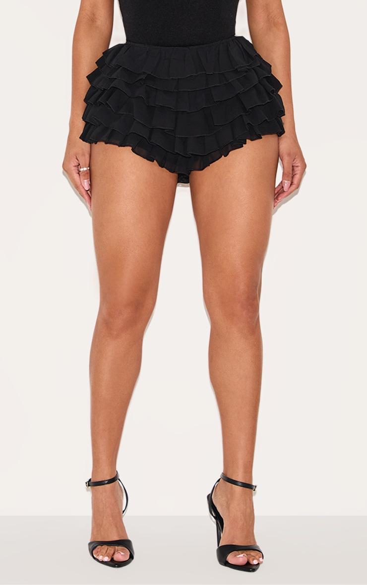 Shape Black Chiffon Ruffle Low Rise Hot Pants Product Image