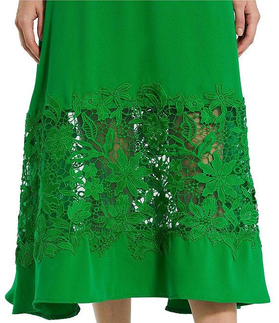 Mac Duggal Crepe Round Neck 3/4 Sleeve Applique Lace Belted Midi A-Line Dress Product Image