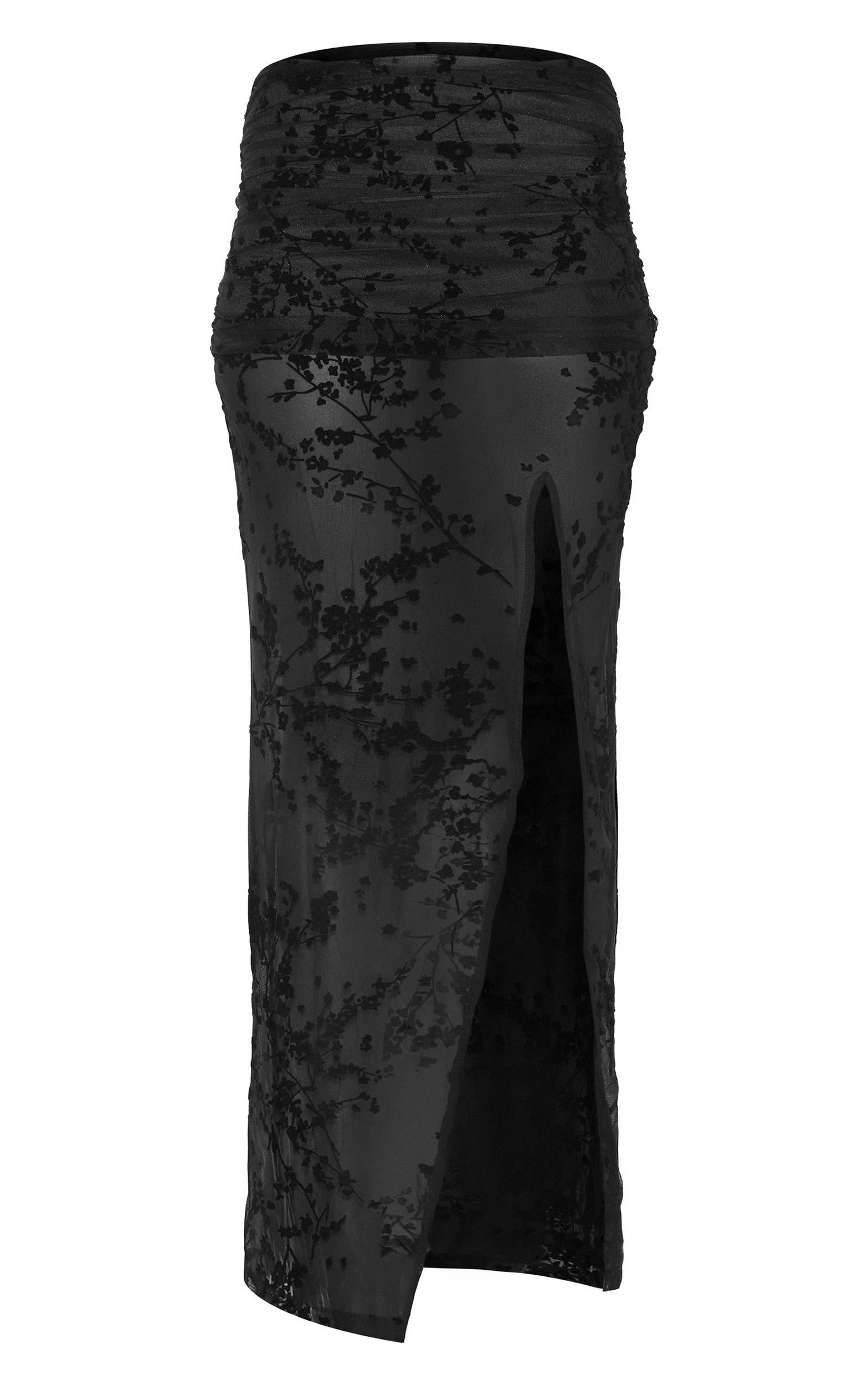 Black Devore Mesh Foldover Slit Maxi Skirt Product Image