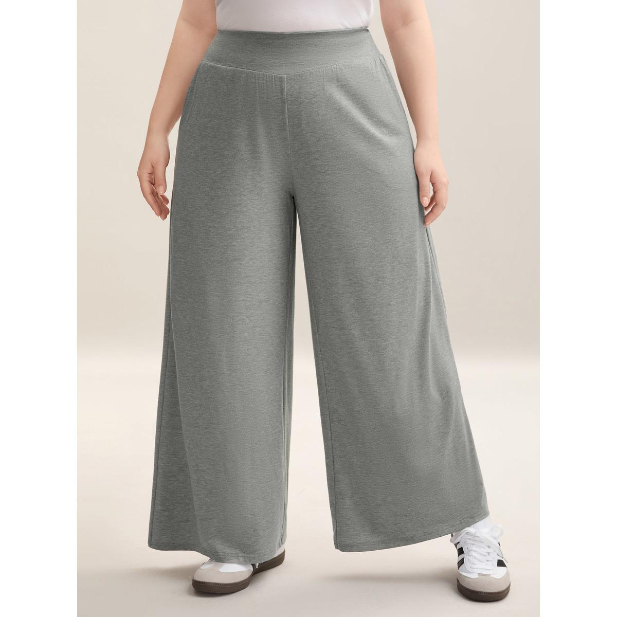 Plus Size Shirred Waist Wide Leg Pull-On Pants Women LightGray Casual Wide Leg Mid Rise Everyday Pants BloomChic 12/L Product Image
