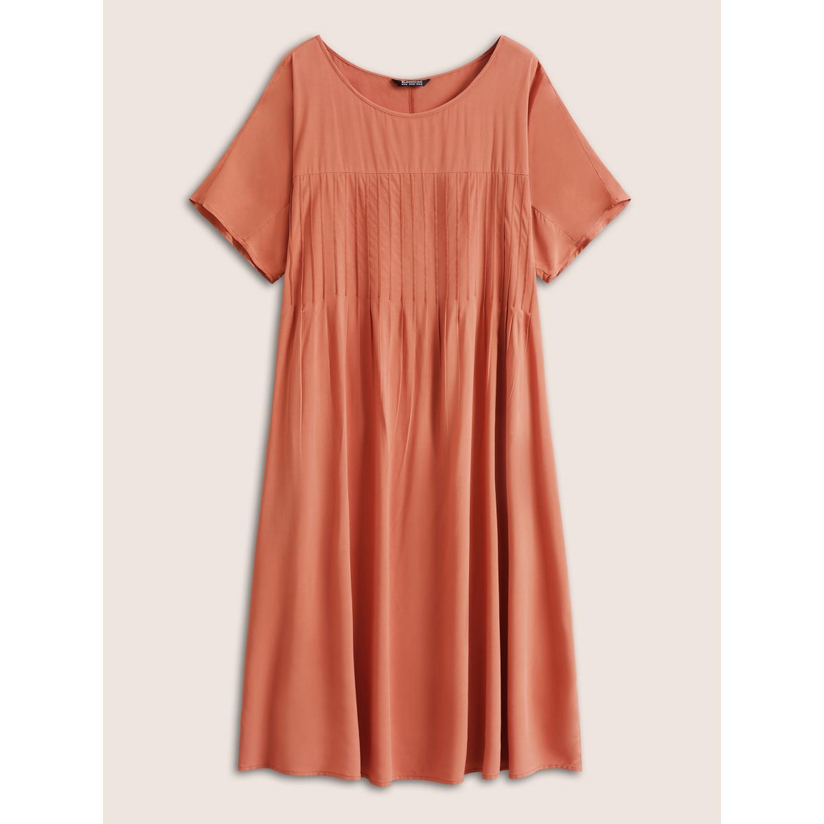 Plus Size Plain Pleated Pocket Rayon Midi Dress Coral Women Casual Non Round Neck Short sleeve Curvy Midi Dress BloomChic 12/L Product Image