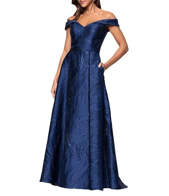Xscape Metallic Printed Off-The-Shoulder Jacquard Gown Product Image