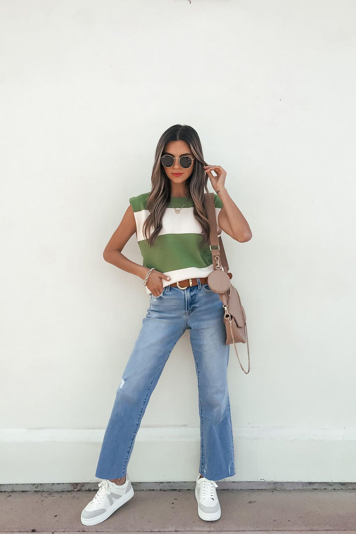 Sleeveless Green and Cream Striped Sweater Product Image