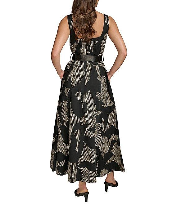 Donna Karan Sleeveless Square Neck A-Line Belted Midi Dress Product Image