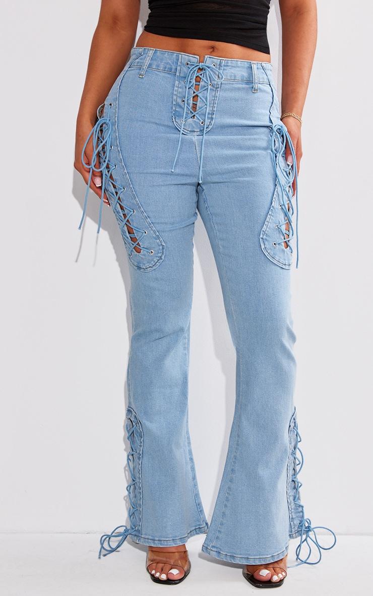 Shape Light Blue Stretch Denim Lace Up Flare Jeans Product Image