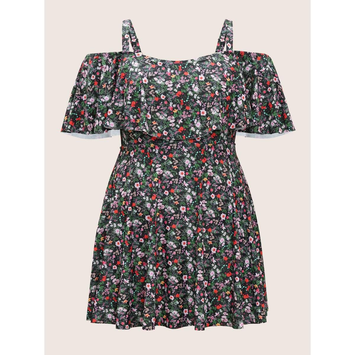 Plus Size Ditsy Floral Ruffles Cold Shoulder Swim Dress Women's Swimwear Black Beach Bodycon One-shoulder neck High stretch Curve Swim Dresses BloomChic 14-16/1X Product Image