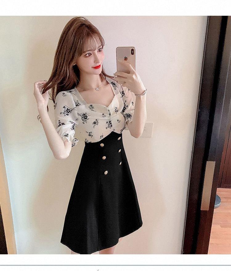 Short-Sleeve Floral Panel Double-Breasted A-Line Dress Product Image