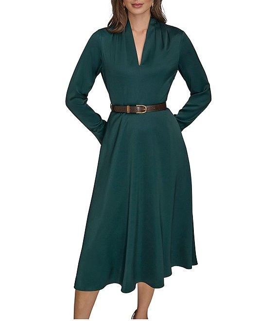 Donna Karan Long Sleeve Belted Satin A-Line Midi Dress Product Image