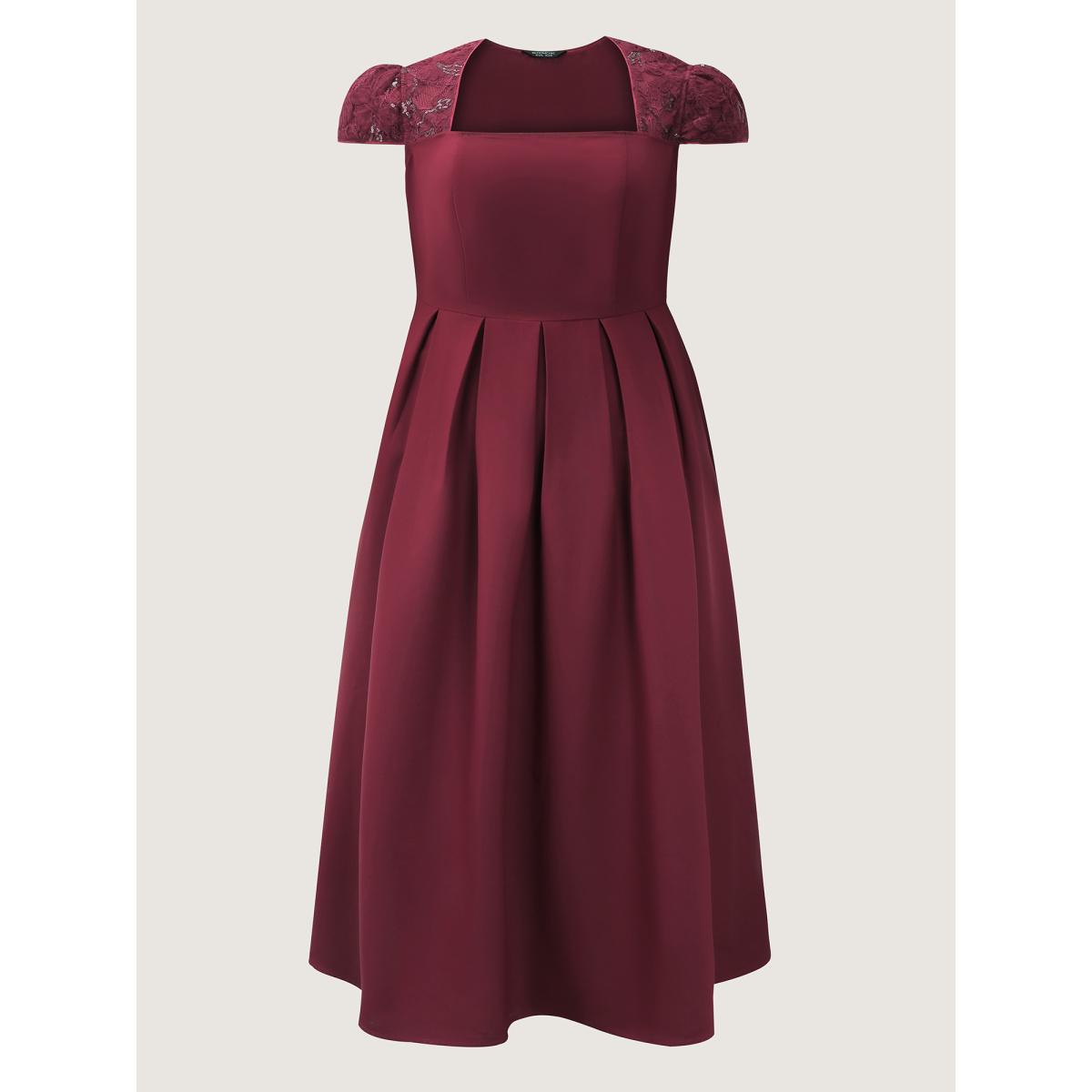 Plus Size Lace Trim Sleeve Pleated Maxi Dress Burgundy Women Party&Cocktail Square Neck Cap Sleeve Curvy BloomChic 28/5X Product Image