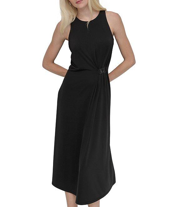 DKNY by Donna Karan Matte Jersey Crew Neck Sleeveless Sheath Midi Dress Product Image