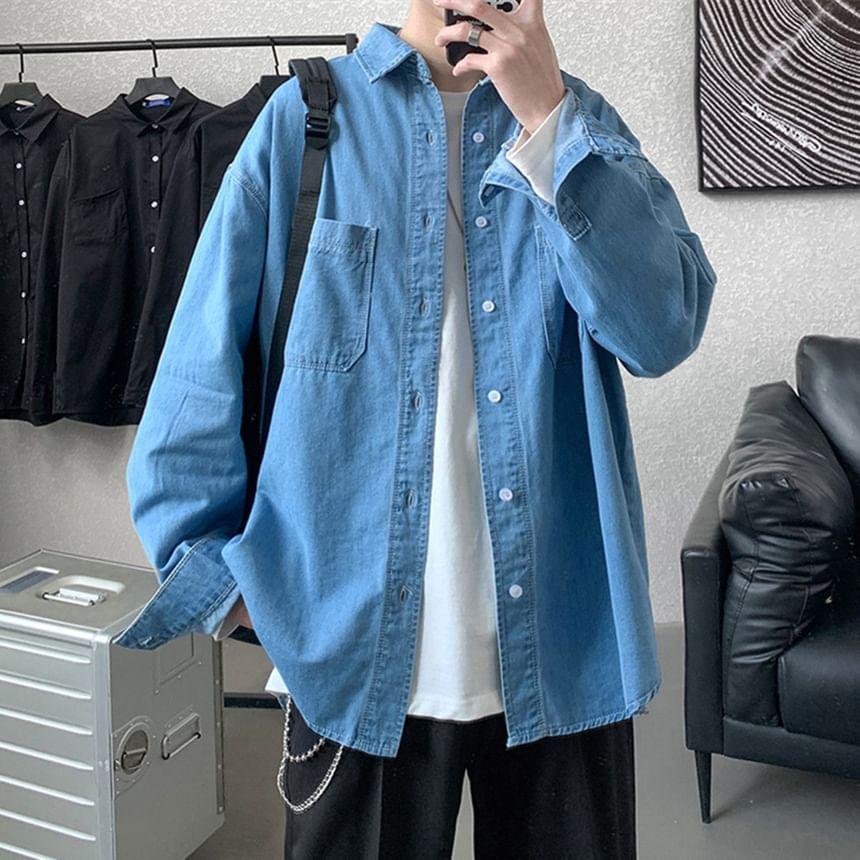 Long Sleeve Collared Washed Denim Shirt Product Image