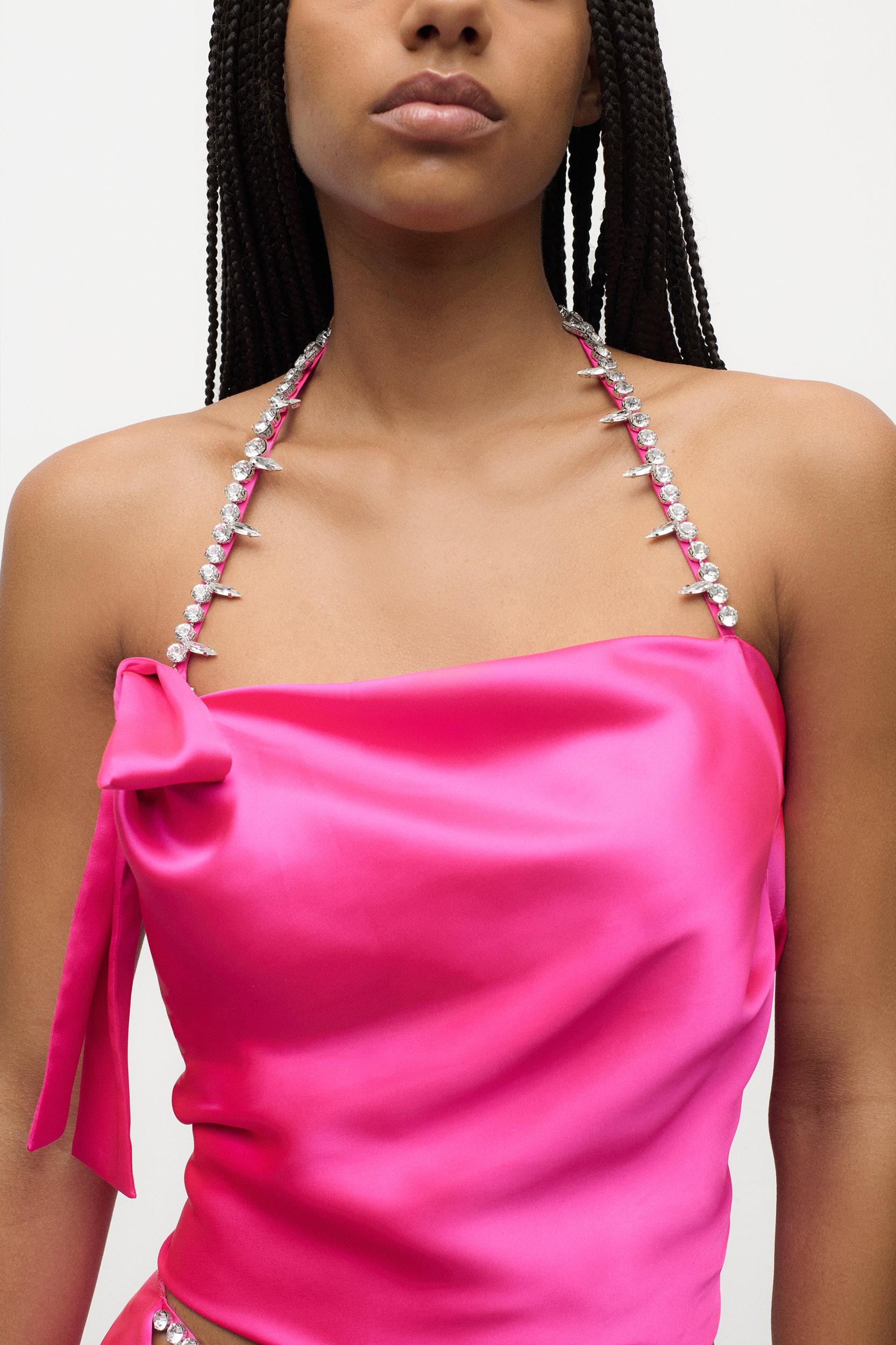 Crystal Embellished Satin Halter Top Product Image