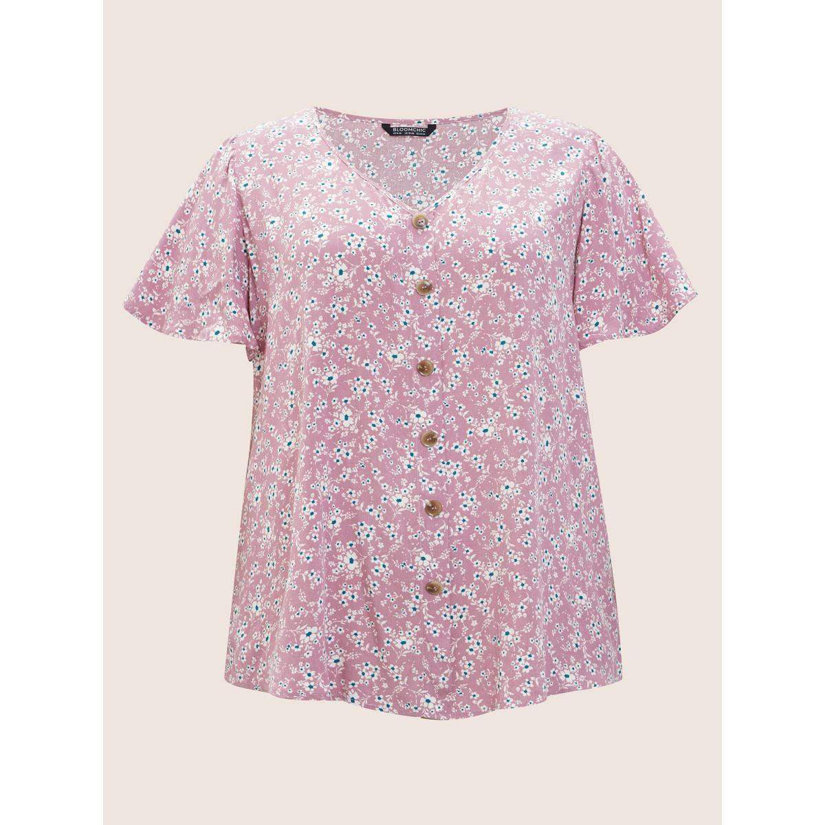 Plus Size Pink Ditsy Floral Contrast Ruffle Sleeve Button Detail Blouse Women Elegant Short sleeve Non Everyday Blouses BloomChic 12/L Product Image