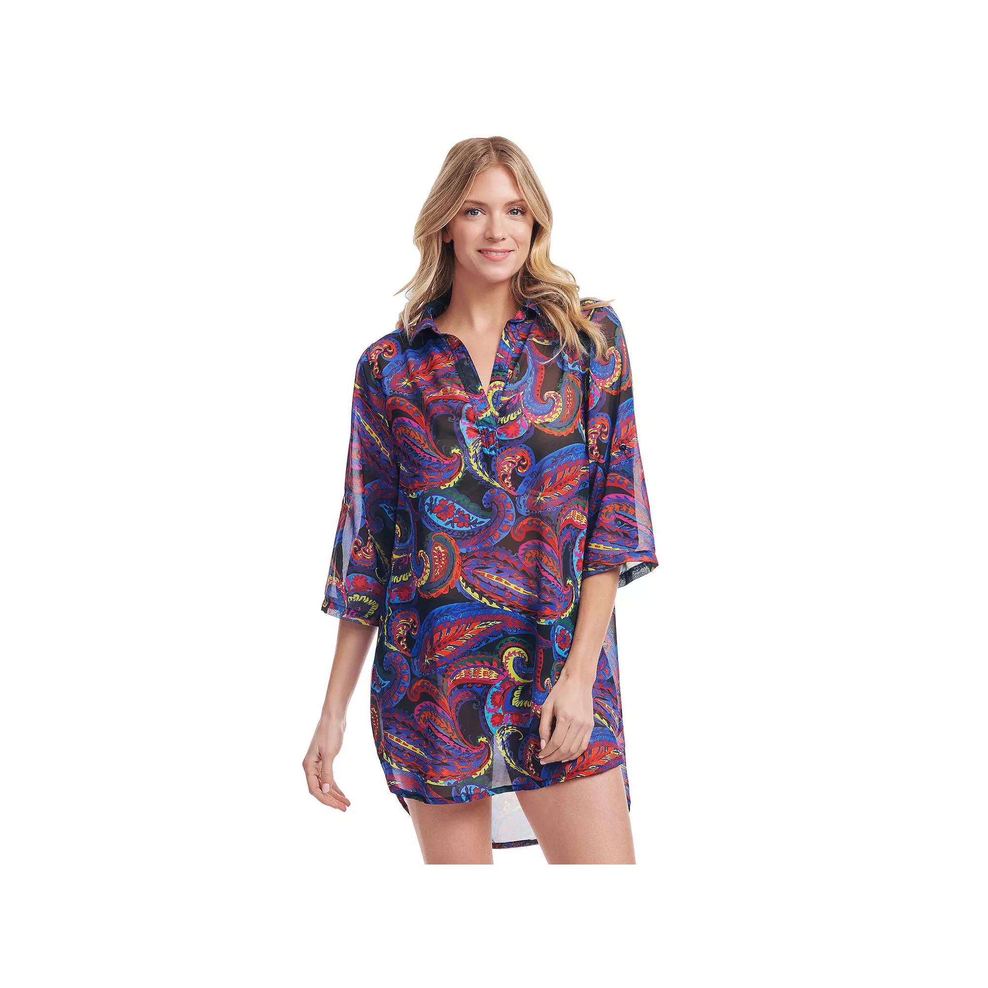 Women's Mazu Sea Breeze Paisley Collared Tunic Swim Coverup, Size: Small, Black Product Image