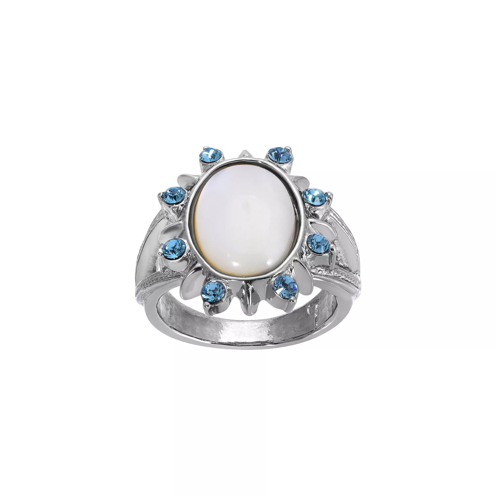 1928 Silver Tone Mother Of Pearl and Aqua Stone Ring, Womens, White Product Image