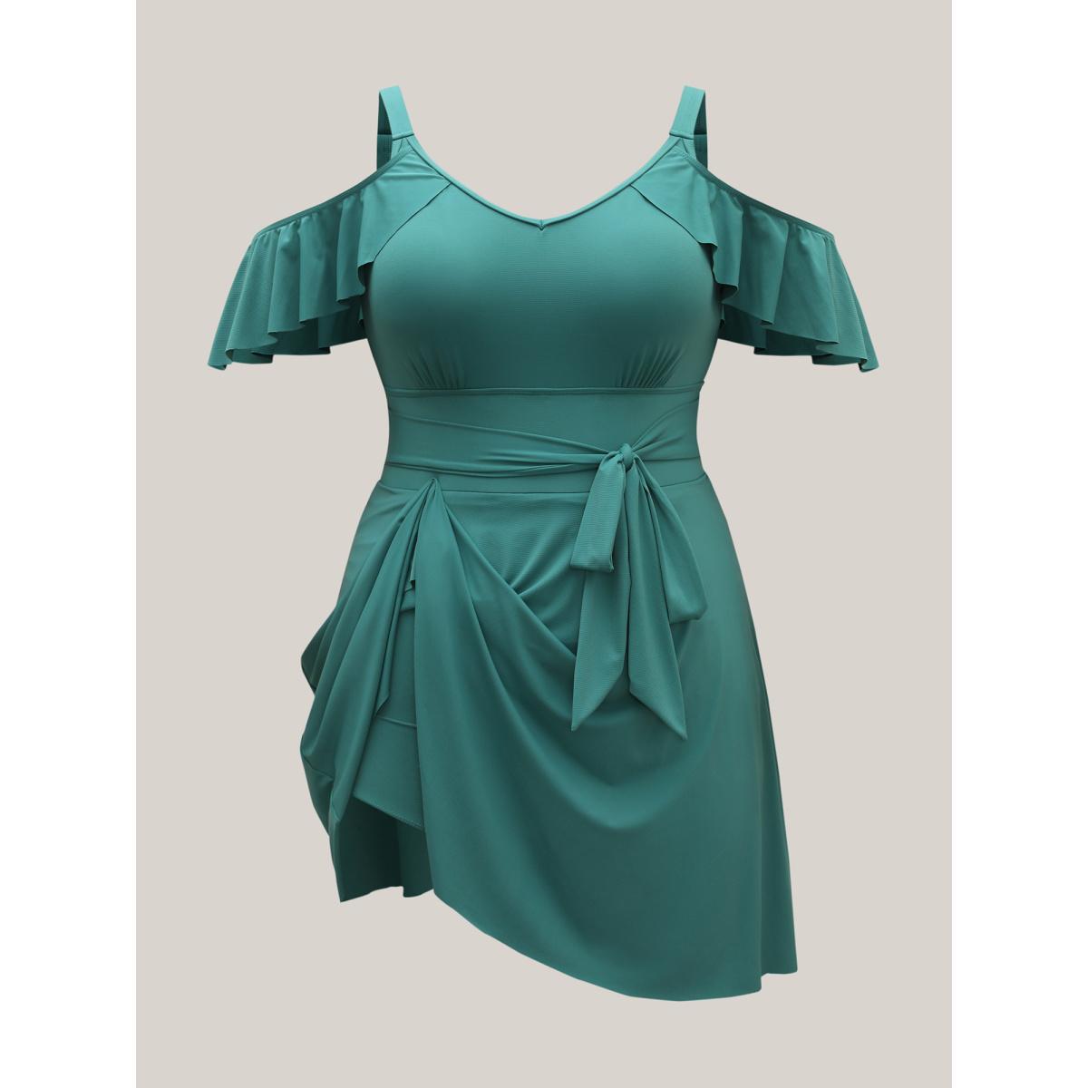 Plus Size Off Shoulder Lotus Leaf Edge Belted Swim Dress Women's Swimwear Turquoise Beach Bodycon One-shoulder neck High stretch Curve Swim Dresses BloomChic 18-20/2X Product Image