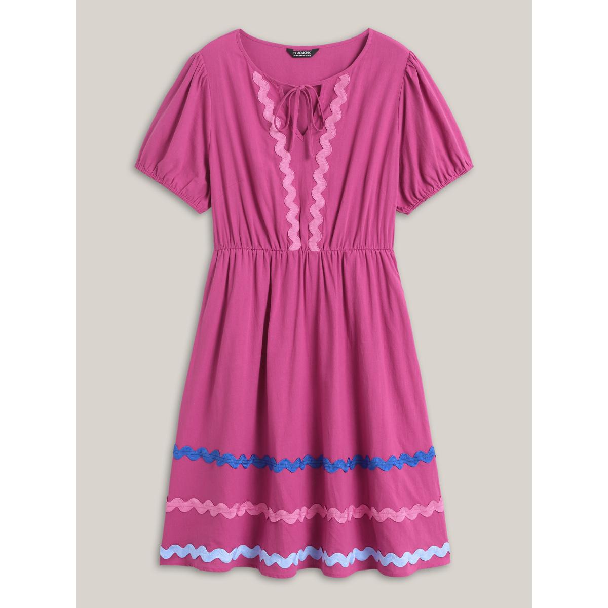 Plus Size Pure Cotton Stretchy Waist Ribbon Midi Dress RedViolet Women V-neck Short sleeve Curvy BloomChic 14-16/1X Product Image