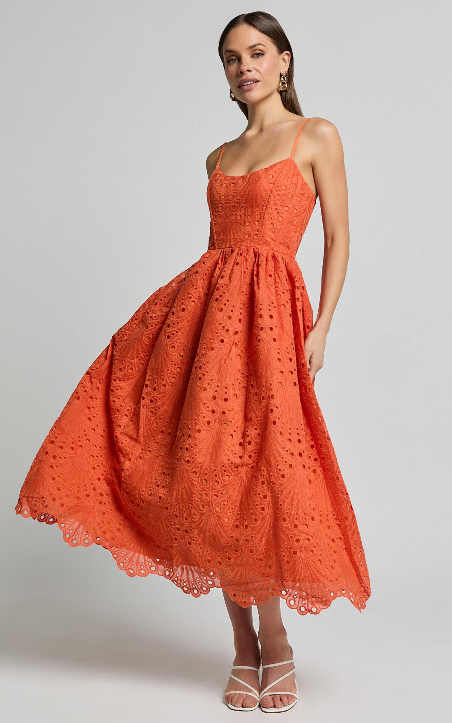 Gabriella Midi Dress - Strappy Gathered Skirt Embroidered Dress in Orange Product Image